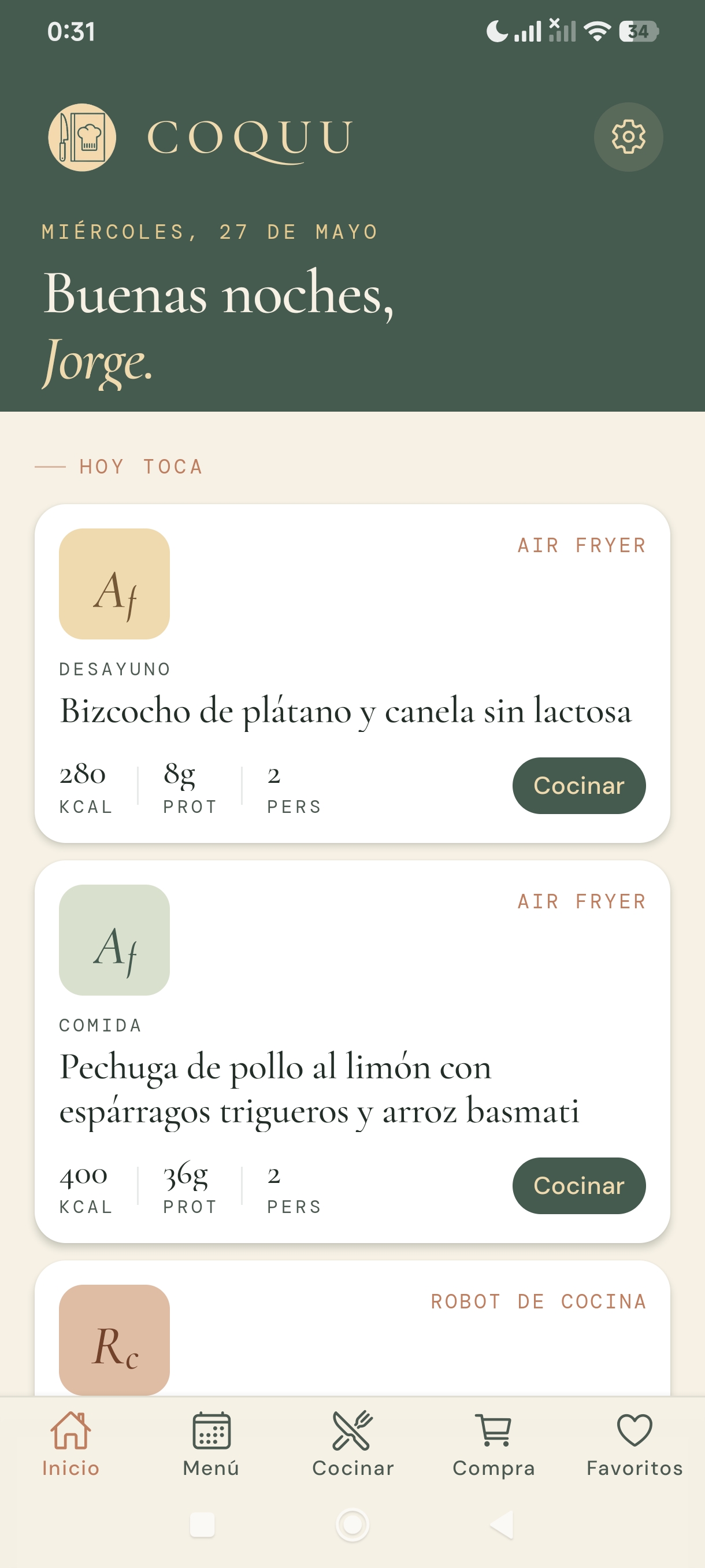 Pantalla de inicio de Coquu con el menú del día