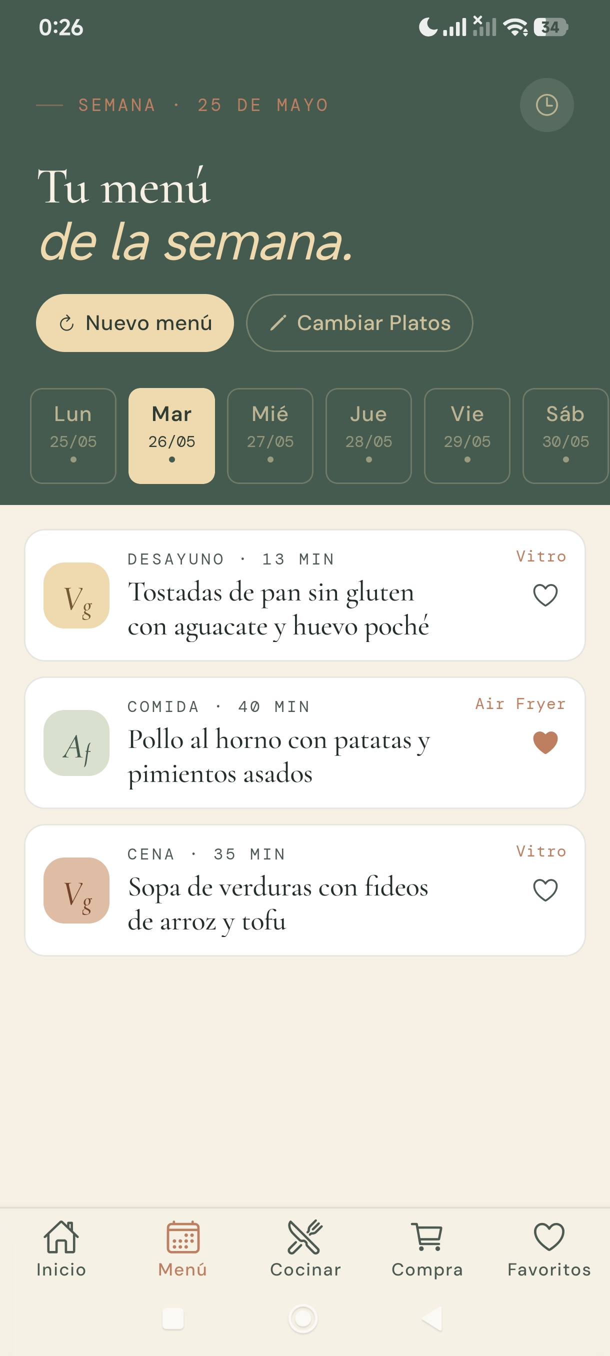 Vista del menú semanal en Coquu